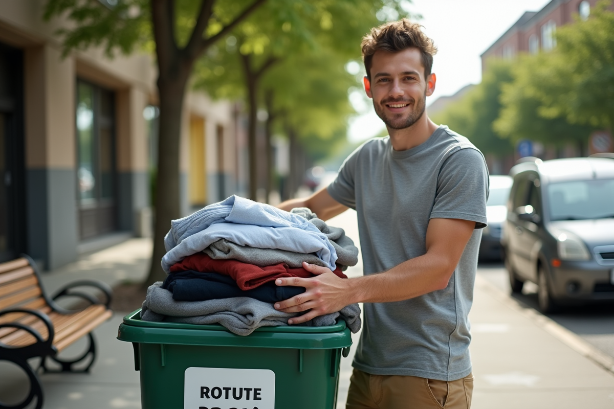 Jeune homme dépose des vêtements dans une benne de don