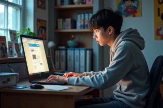 Jeune homme surpris devant un ordinateur avec manga et alerte