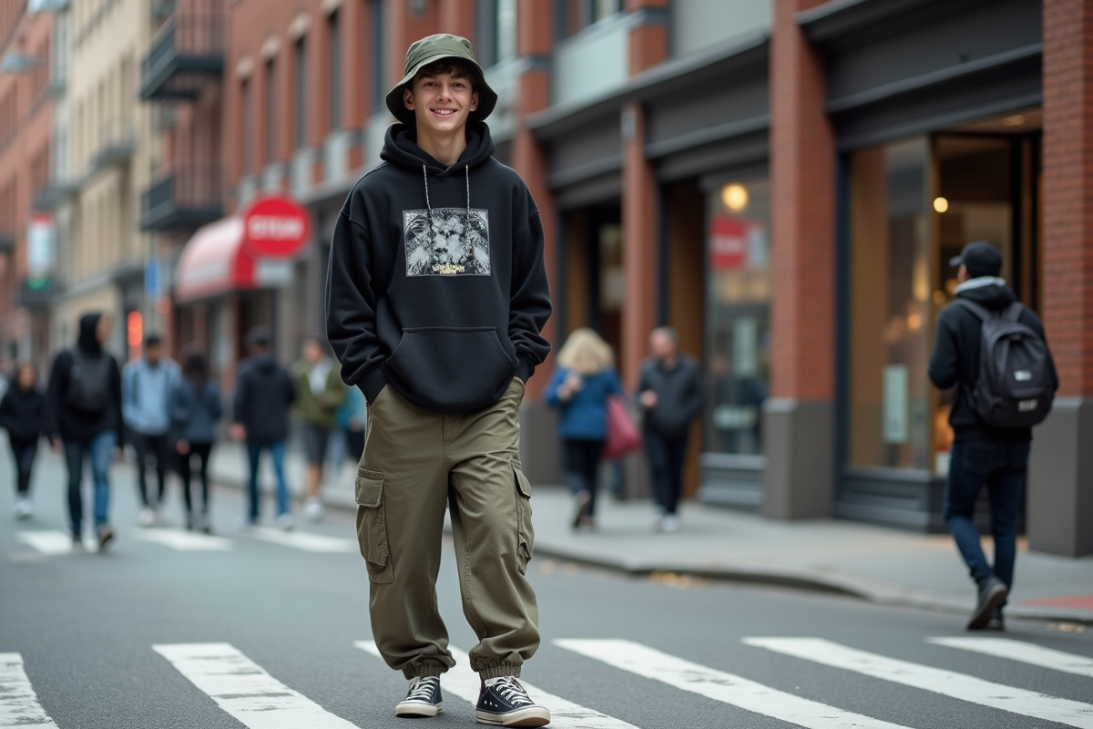 Jeune homme en style urbain dans la rue avec cargo et hoodie