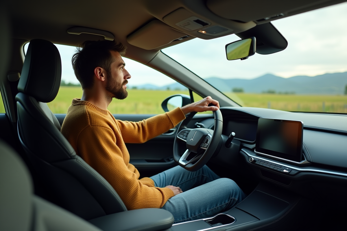 Jeune homme dans voiture hybride en campagne