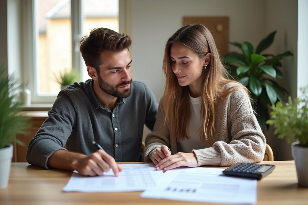 Jeune couple discutant de documents immobiliers à la maison