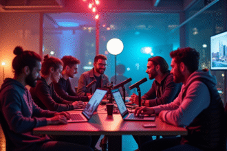 Groupe de jeunes créateurs français dans un studio moderne
