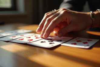 Main disposant un jeu de solitaire sur une table en bois
