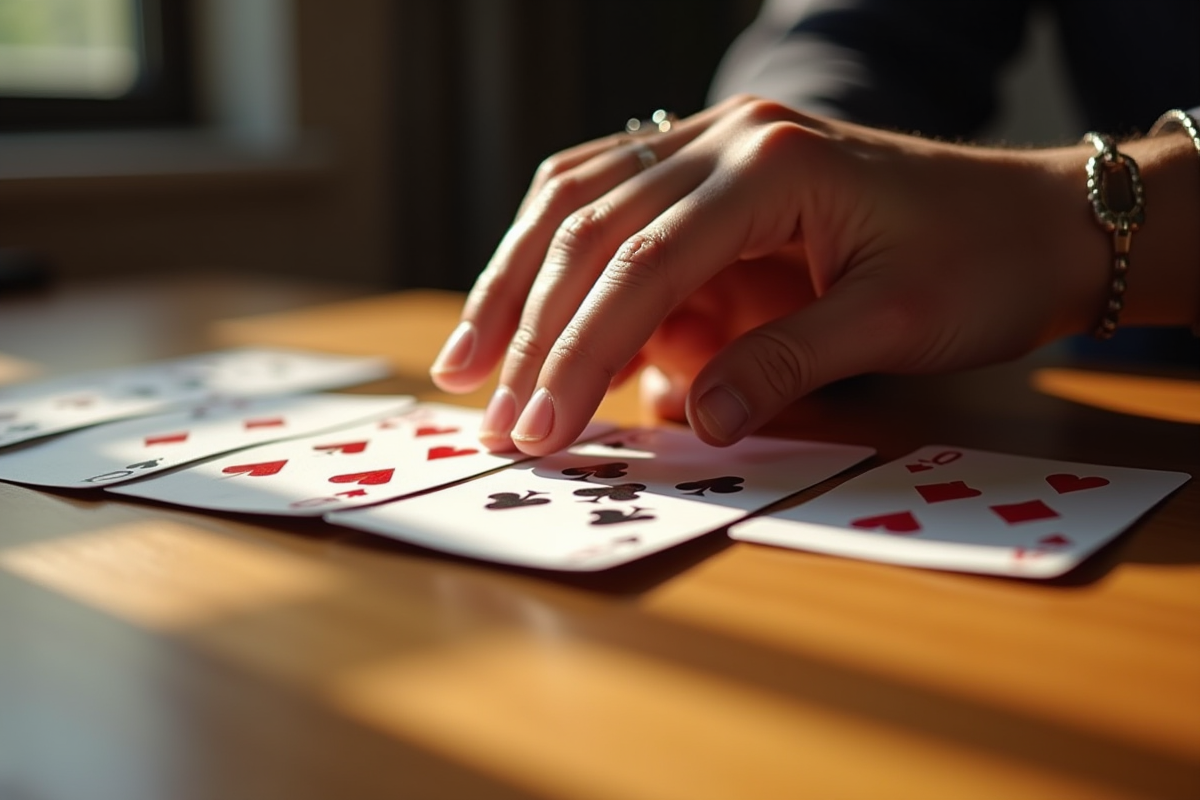 Main disposant un jeu de solitaire sur une table en bois