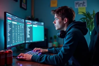 Joueur de League of Legends regardant son historique d'heures de jeu sur deux écrans avec une expression incrédule