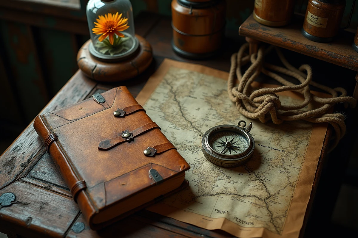 Journal de bord ancien, boussole et cartes nautiques sur une table de bois évoquant l'héritage et la destinée d'un personnage légendaire