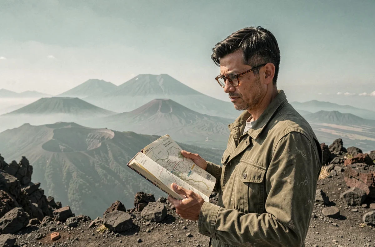 Journaliste de voyage consultant ses notes face à un paysage volcanique japonais