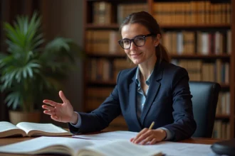 Juriste expliquant le droit public à une personne non spécialiste dans une bibliothèque juridique