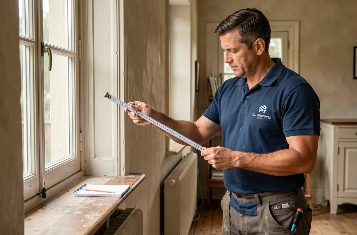 Artisan de Karim Robert SARL prenant les mesures d'une fenêtre dans une maison ancienne