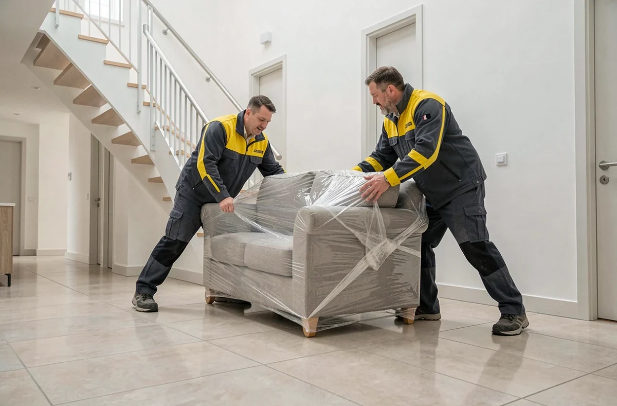 Deux déménageurs de LBG Déménagements transportant un canapé dans un couloir d'immeuble à Surzur