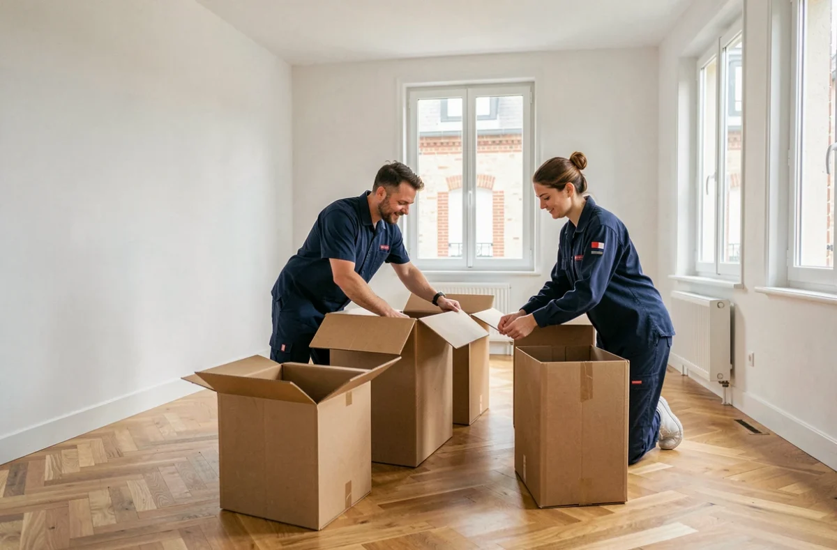 Équipe du Bail Déménagements préparant des cartons dans un appartement vide à Vannes
