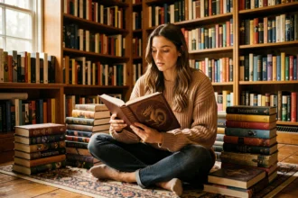 Jeune femme lisant un roman fantastique sur les dragons entourée de livres dans une bibliothèque chaleureuse