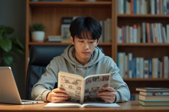 Jeune homme lisant un scan de manga One Piece imprimé à son bureau à domicile, entouré de volumes de mangas