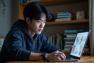 Jeune homme lisant un scan One Piece sur son ordinateur portable dans sa chambre, illustrant les risques de lecture en ligne