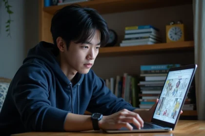Jeune homme lisant un scan One Piece sur son ordinateur portable dans sa chambre, illustrant les risques de lecture en ligne