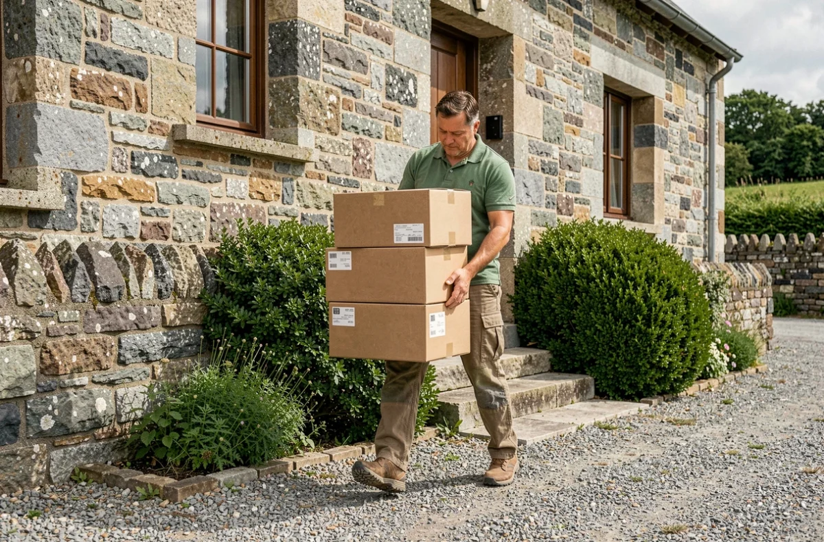 Déménageur de Lescoublet portant des cartons devant une maison en pierre à Plougoumelen