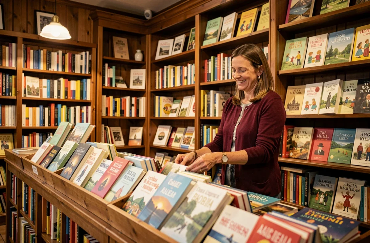 Librairie 47° Nord à Haguenau avec des rayons de livres régionaux et alsaciens et une libraire disposant de nouvelles parutions en devanture