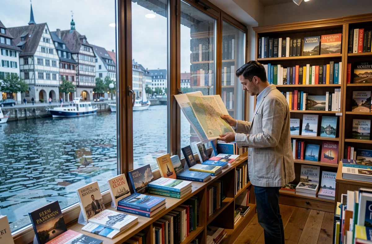 Librairie de la Presqu'île à Strasbourg avec vue sur l'eau à travers les vitrines et un client feuilletant des livres de voyage et régionaux