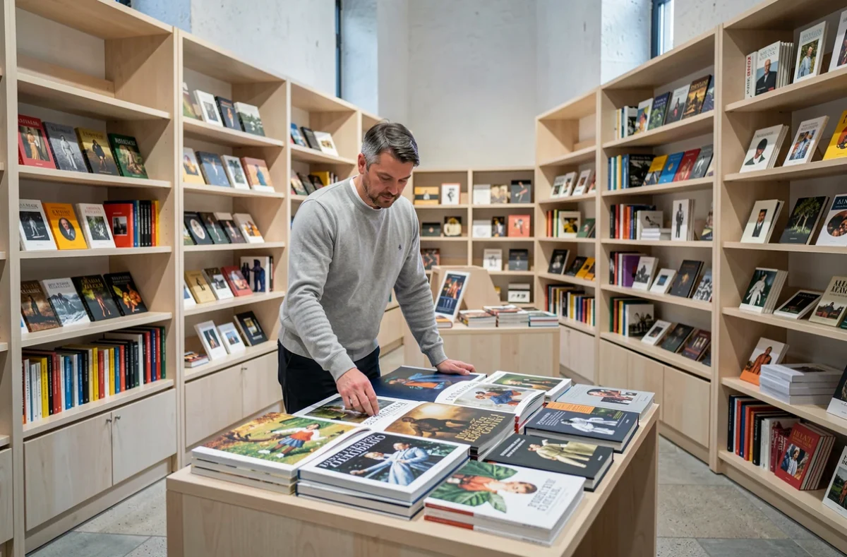 Librairie du Musée à Strasbourg avec des rayons d'ouvrages d'art et de catalogues d'exposition dans un espace muséal contemporain