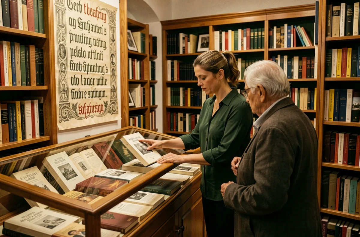 Librairie Gutenberg à Strasbourg avec décorations typographiques, éditions rares et une libraire conseillant un client âgé