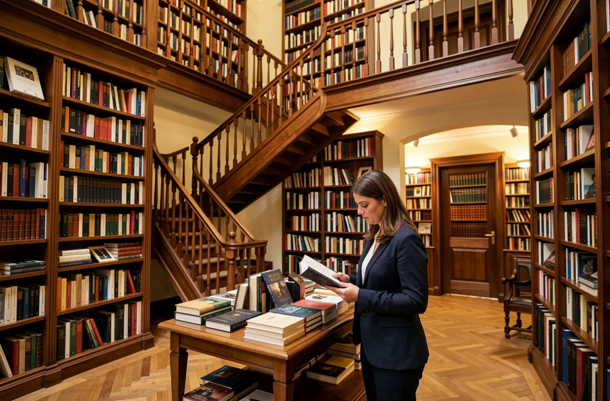 Intérieur de la Librairie Kléber à Strasbourg avec ses grandes étagères en bois sur deux niveaux et une cliente parcourant un livre