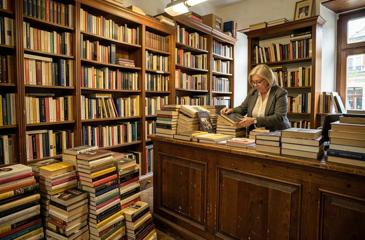 La Bouquinette à Strasbourg, librairie d'occasion avec des étagères débordantes de livres d'occasion et une libraire triant des ouvrages