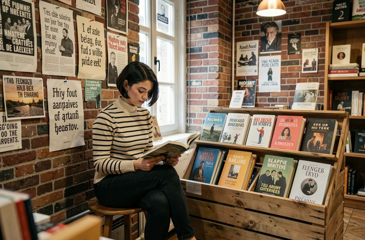 Librairie Le Tigre à Strasbourg avec murs en briques, affiches littéraires et une jeune femme lisant parmi une sélection de livres soigneusement choisis