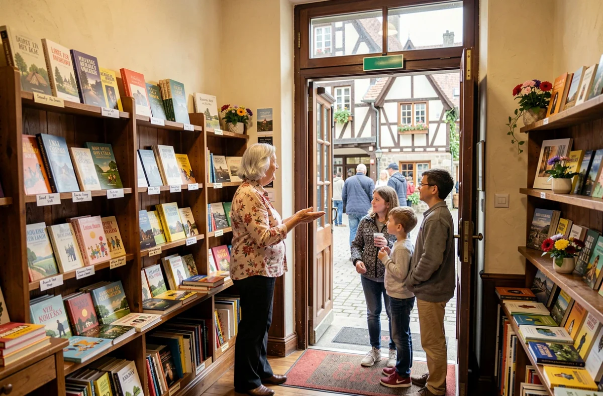 Librairie Oberlin à Obernai dans un cadre alsacien typique avec colombages, une libraire senior accueillant une famille dans la boutique