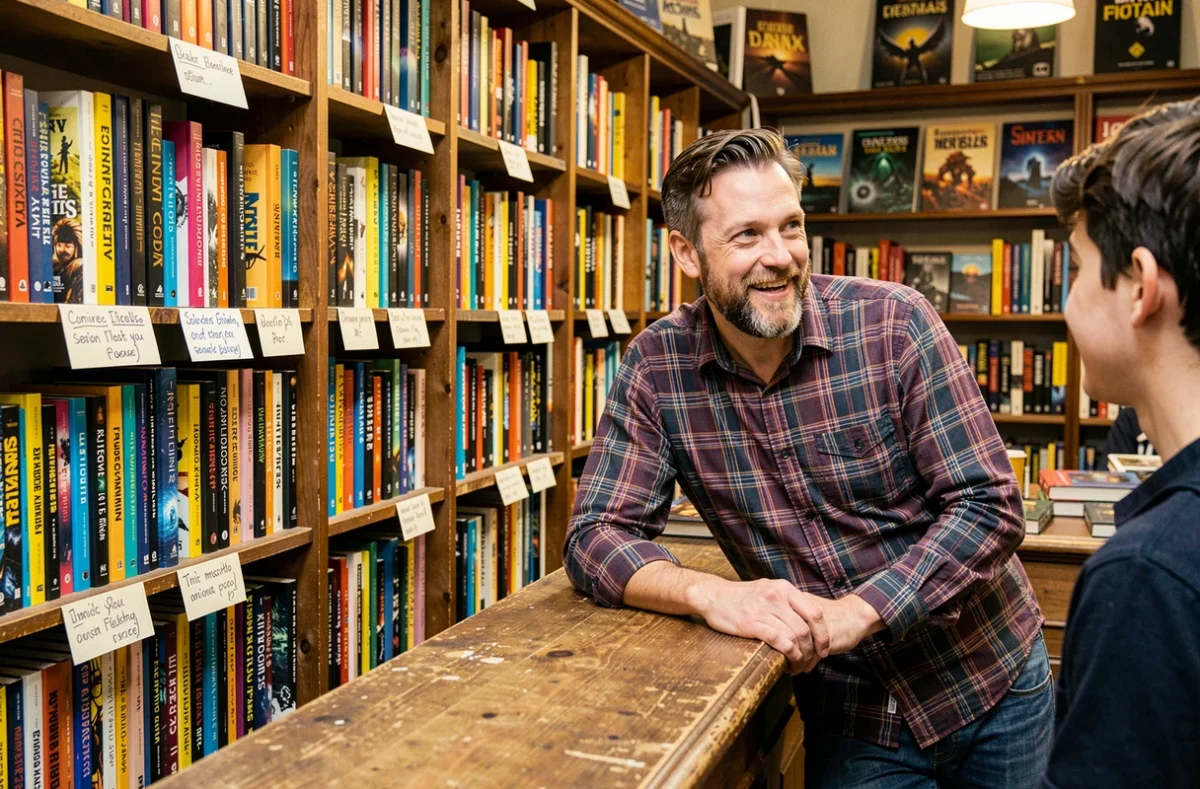 Intérieur de Quai des Brumes à Strasbourg, librairie spécialisée BD et imaginaire avec des rayons colorés et un libraire accueillant un client
