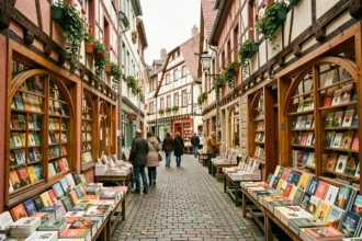 Vue de rue alsacienne avec plusieurs librairies indépendantes aux devantures en bois et colombages, livres exposés en vitrine sur pavés