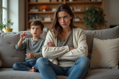 Mère et enfant en tension dans le salon familial