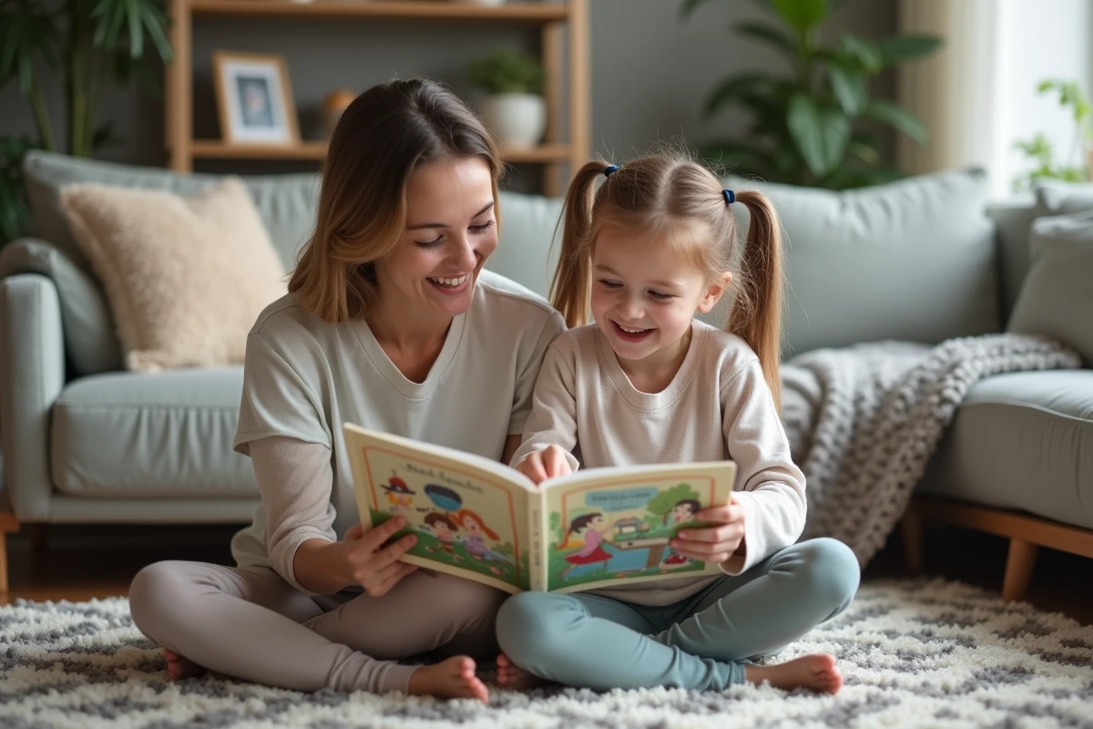 Mère et fille partageant un livre de devinettes