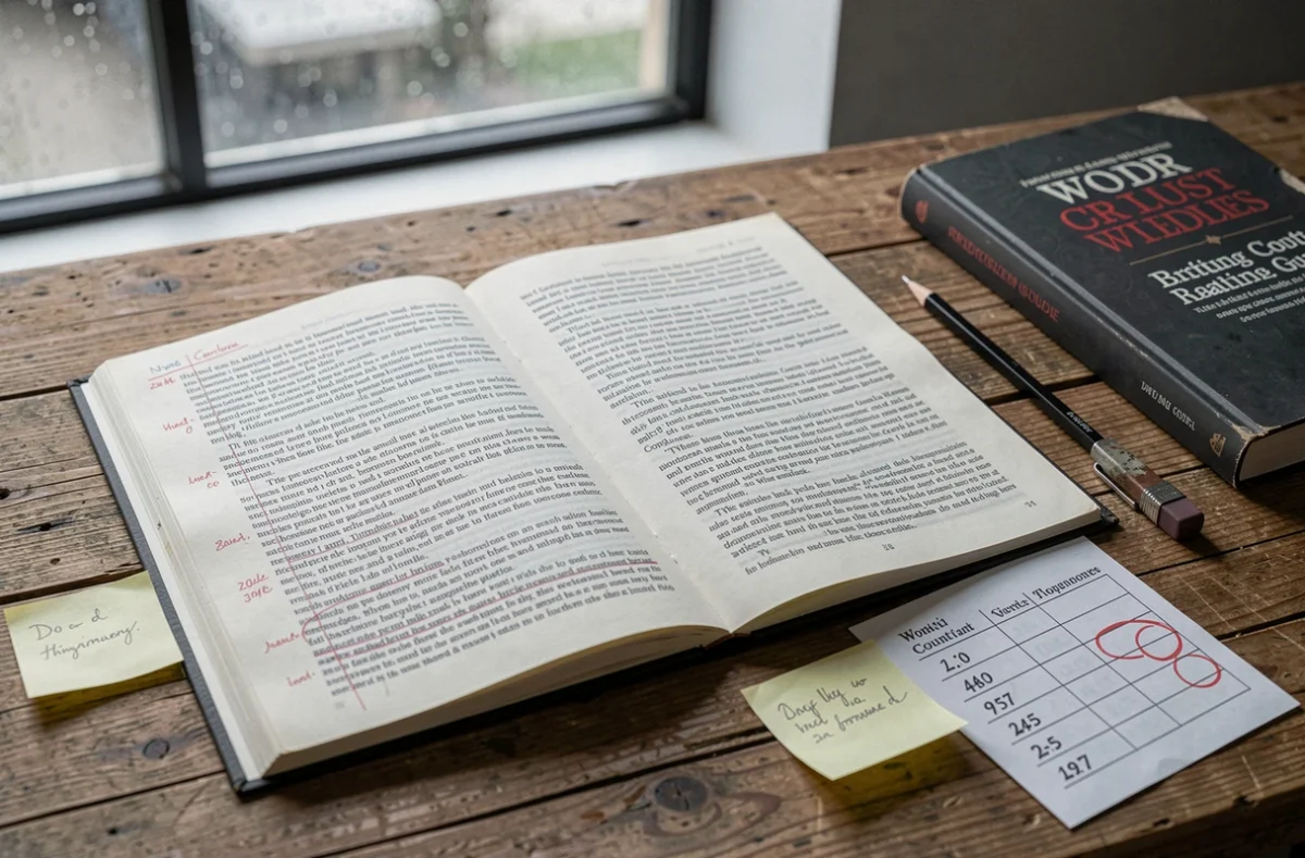 Manuscrit annoté avec décompte de mots en rouge sur un bureau en bois, symbole d'un roman trop long