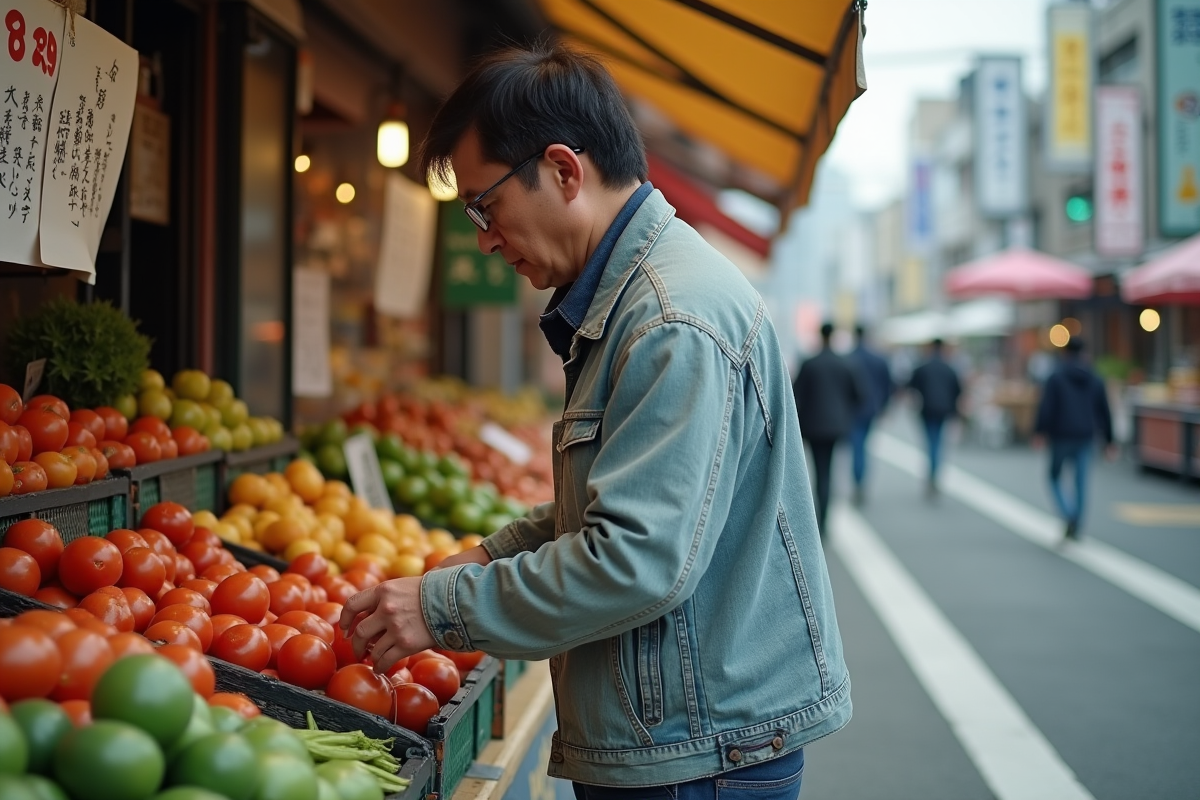 Homme japonais vérifiant les prix de légumes au marché