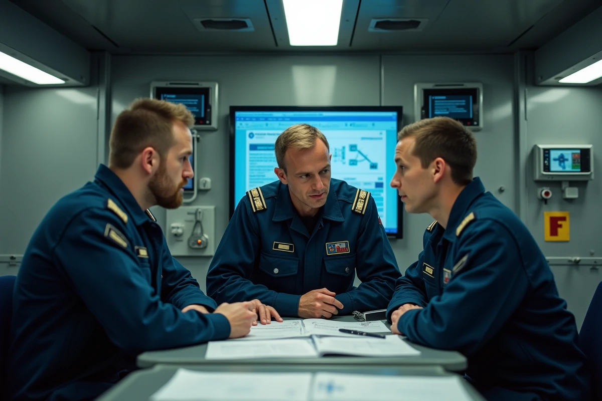 Marins de la Marine française en combinaison de travail discutant de grades et responsabilités lors d'un briefing à bord