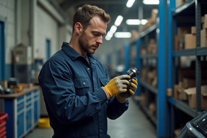 Mécanicien homme inspectant un silent bloc dans un garage