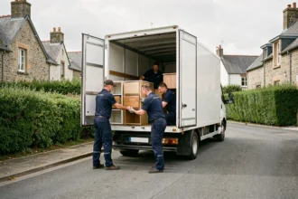 Équipe de déménageurs professionnels chargeant un camion dans une rue bretonne typique du Morbihan