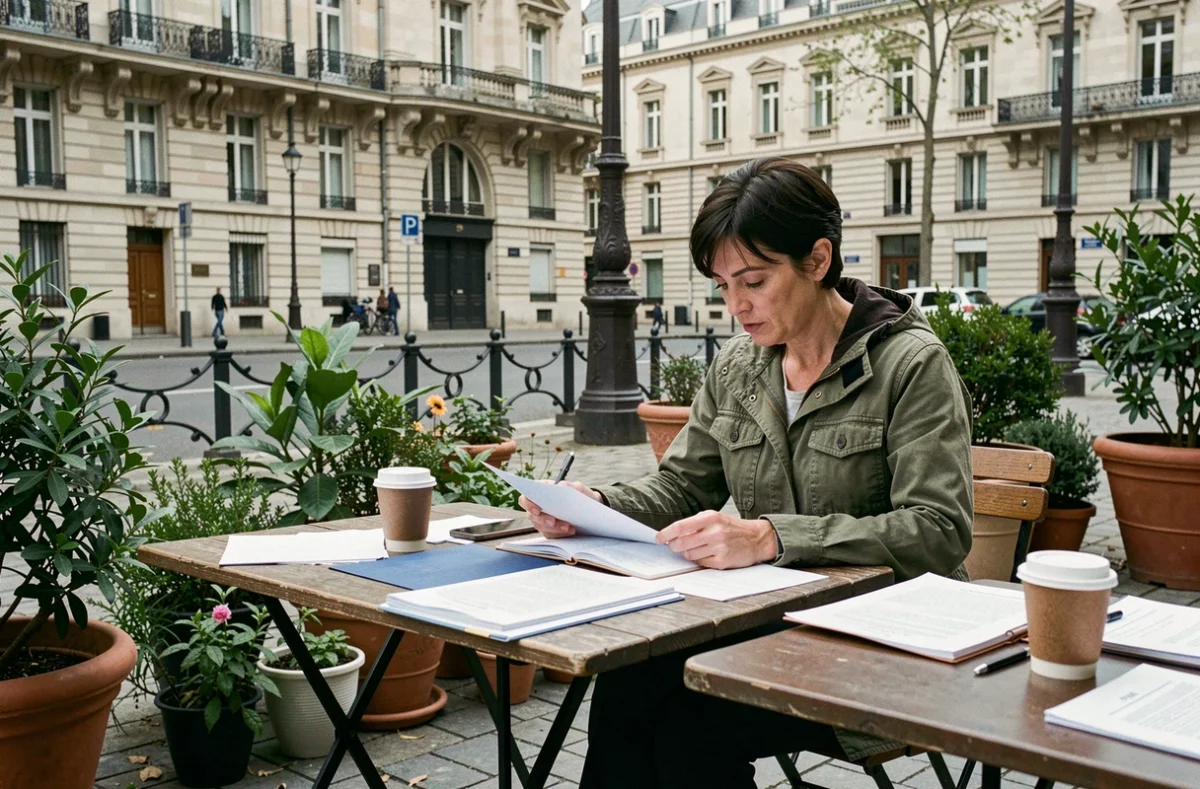 Militante écologiste travaillant sur des documents lors d'une réunion de terrain dans une place parisienne