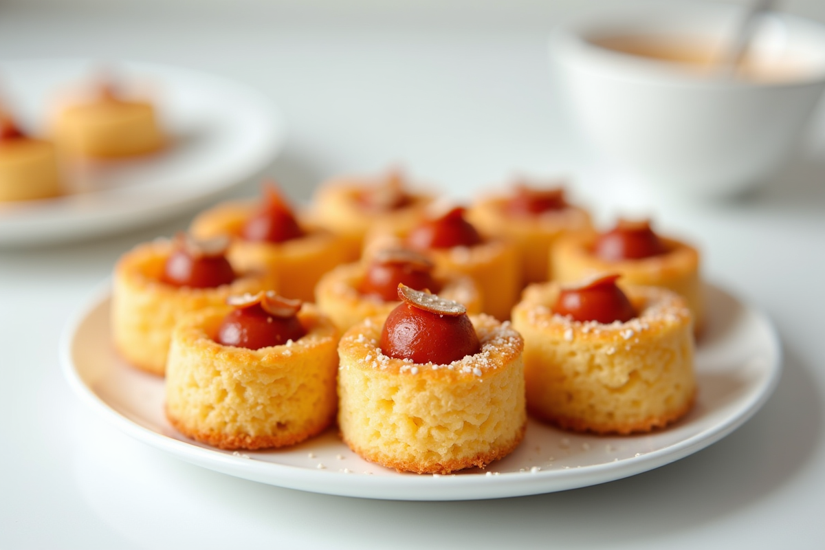 Mini cannelés avec chorizo sur assiette blanche