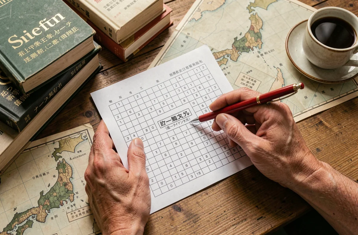 Mains tenant une grille de mots croisés avec des livres de géographie japonaise sur un bureau en bois
