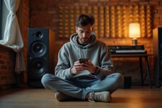 Jeune musicien parcourant Instagram sur son smartphone dans un studio d'enregistrement intimiste