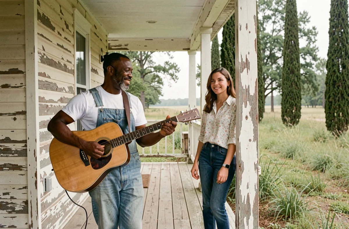 Deux musiciens noirs américains sur un porche rural du Mississippi, guitariste et chanteuse, racines du blues américain