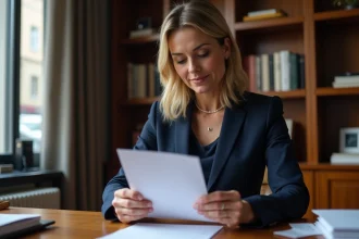 Notaire femme lisant une lettre dans son bureau