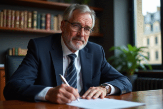 Notaire homme en costume dans son bureau professionnel
