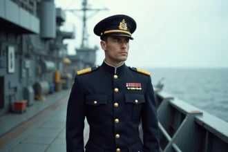 Officier de la Marine nationale en uniforme avec insignes de grade sur le pont d'un navire de guerre