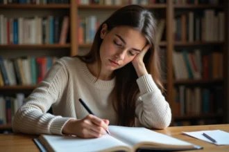 Jeune femme écrivant dans un cahier de grammaire française sur un bureau en bois, entourée de dictionnaires et de livres de référence linguistique