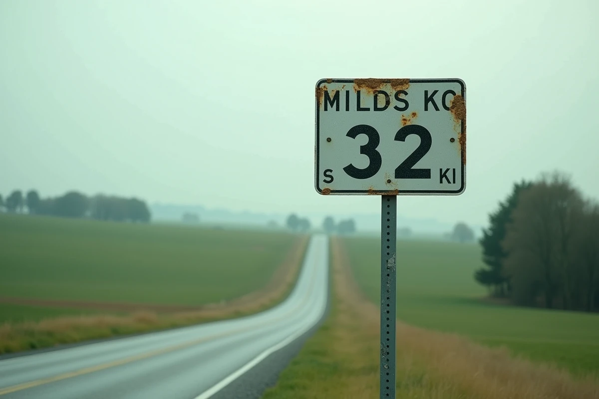 Panneau de signalisation routière affichant des distances en miles et en kilomètres le long d'une route de campagne
