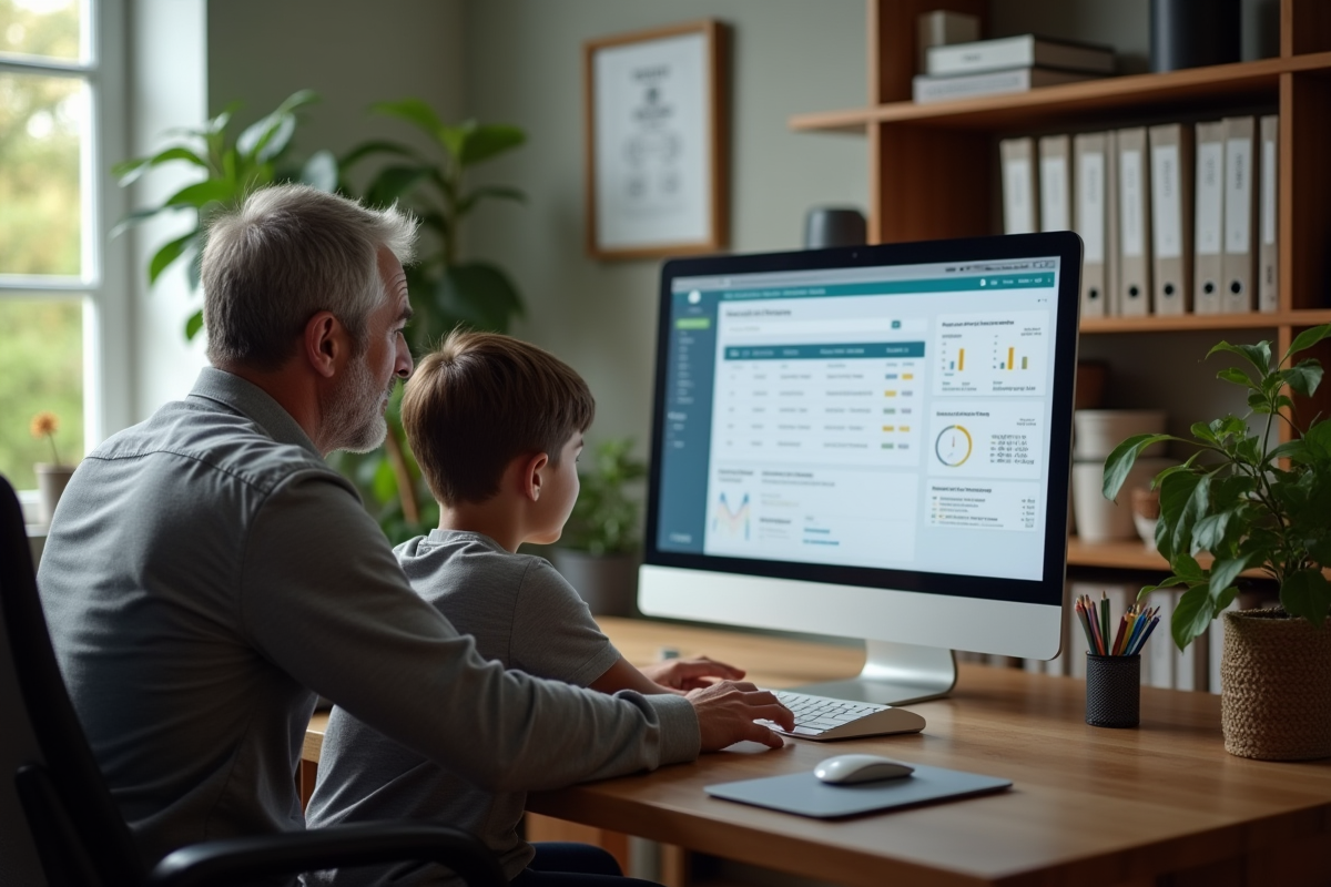Père et fils collaborant devant un ordinateur à la maison