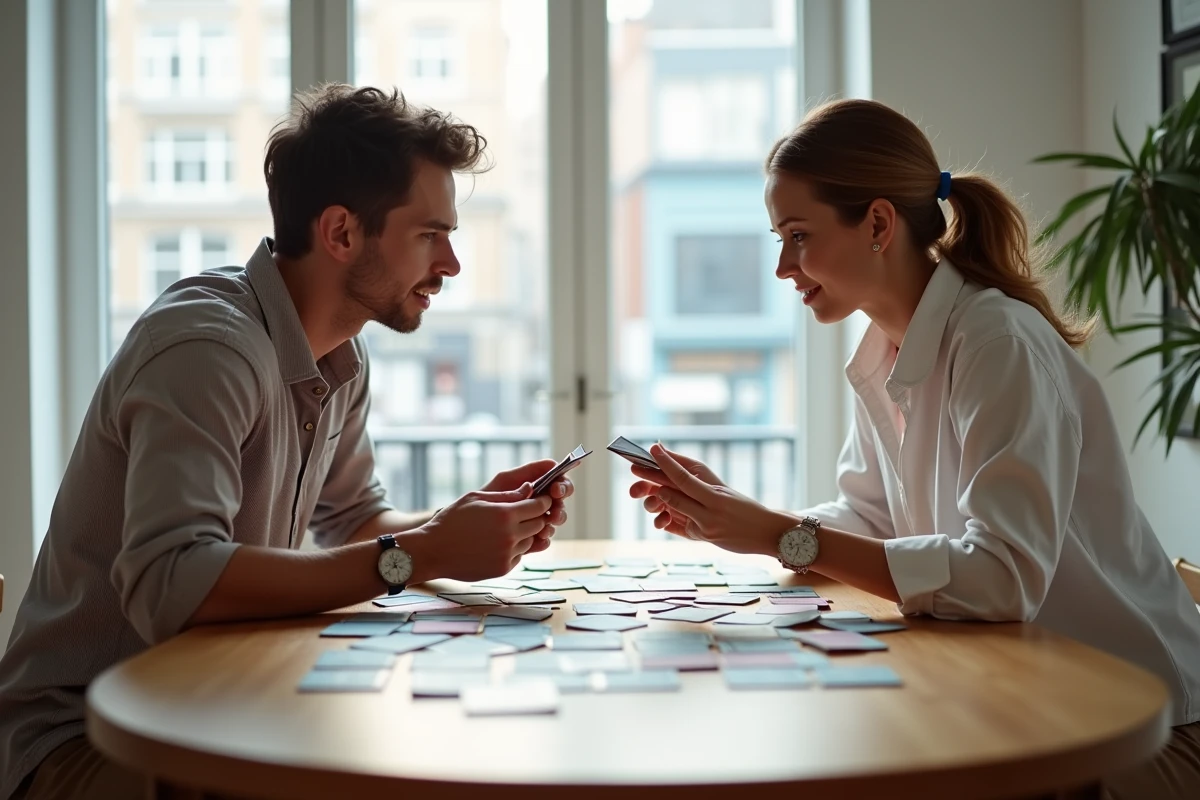 Deux adultes jouant à un jeu de stratégie de guerre en cartes et tuiles autour d'une table à manger