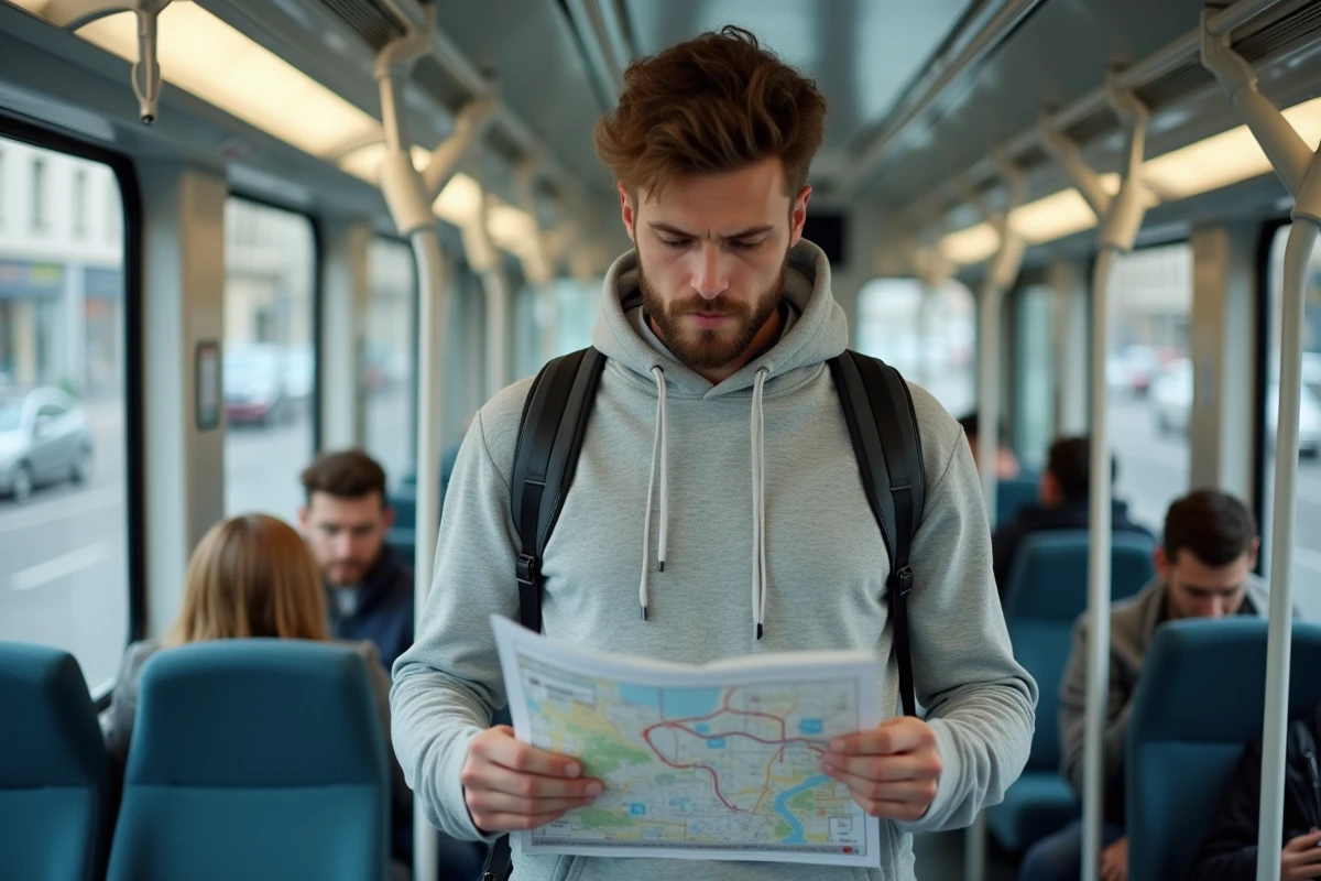 Jeune homme consultant un plan du tramway lignes E et F de Bordeaux à l'intérieur d'une rame moderne